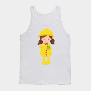 Girl In Raincoat, Boots, Brown Hair, Frog Tank Top